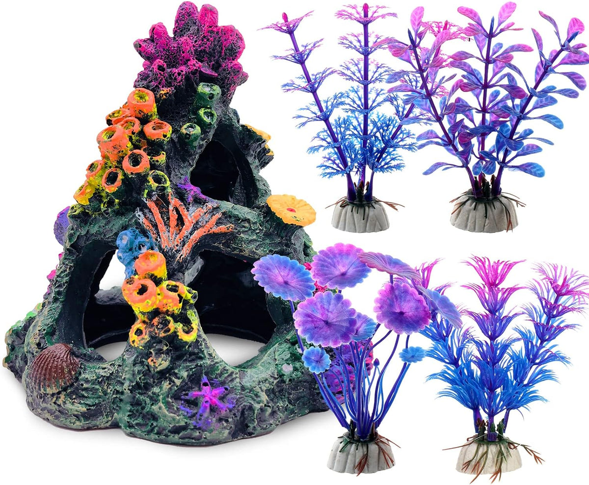 GSD Aquarium Colorful Coral Reef Set Fish Tank Decoration Mountain - 5.2 inches x 5.2 inches x 6 inches