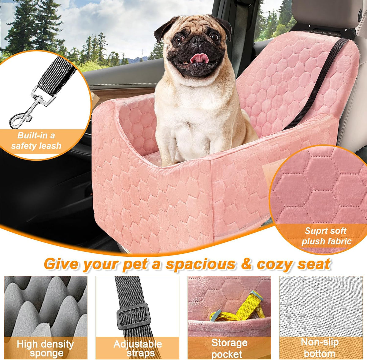 Dog Car Seat for Small/Medium Dogs, Memory Foam Dog Booster Seat - Pink / Medium - image 3