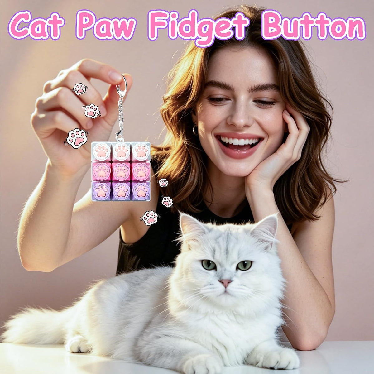 XiawaLangzhuo cat paw keyboard fidget toy, 9-in-1 clicker keychain in white and purple - view 38