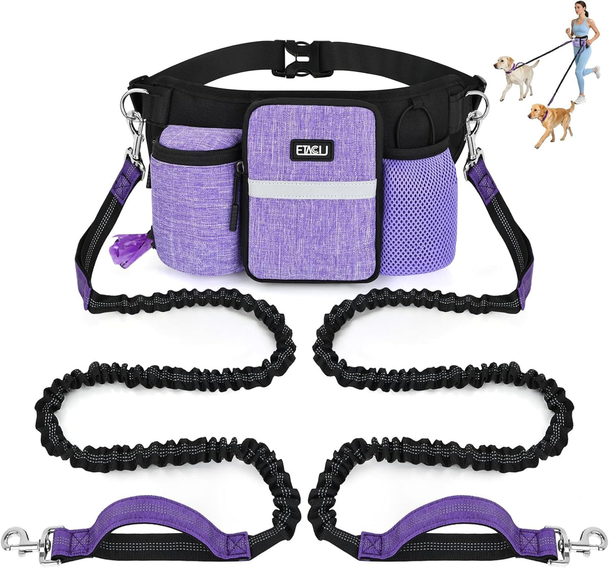 ETACCU Hands Free Dog Leash with Phone Pouch - 2 Dog Purple