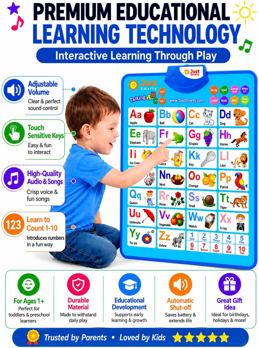 Just Smarty Interactive Alphabet Wall Chart, ABC & 123's, Blue – Fun for Kids & Family - ABCs and 123s - Blue - image 3