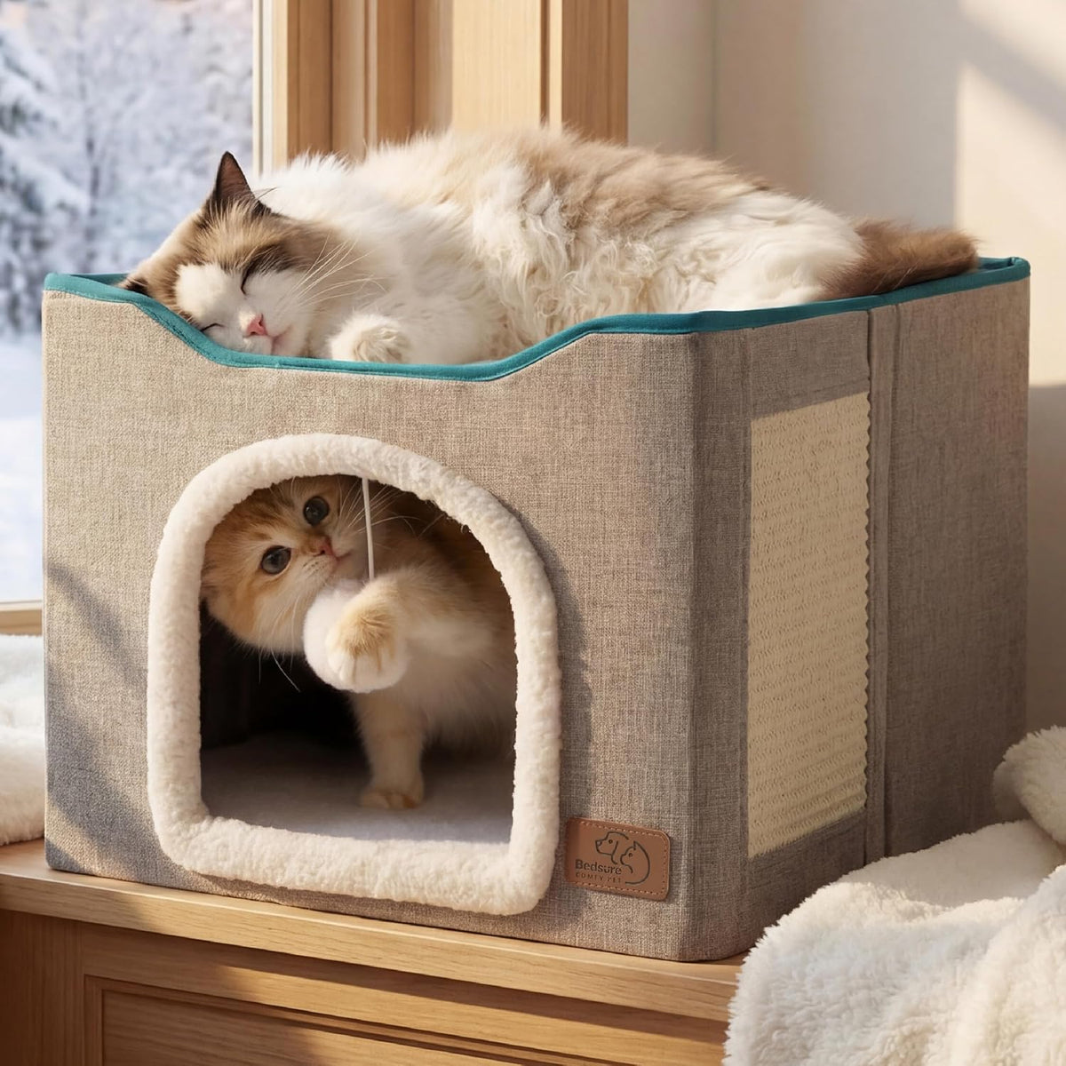 Bedsure Cat House Bed for Indoor Cats with Fluffy Ball and Scratch Pad - Grey / Single