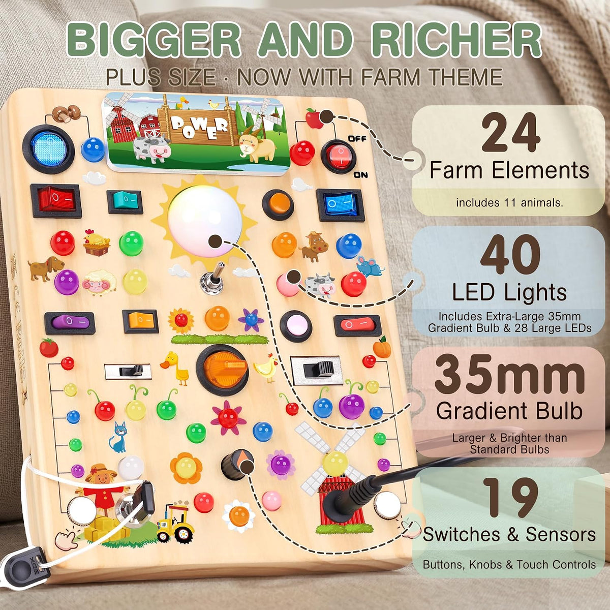 RichBoy Busy Boards, Lights Switch-Style, Wooden - Farm 7.8" x 6.5" - image 3