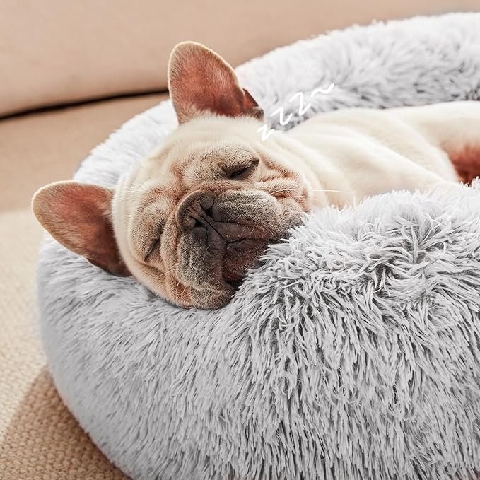 Love's cabin Calming Cat Bed for Indoor Cats,Anti-Anxiety Donut Round Dog Bed,Fluffy Faux Fur Washable Pet Bed for Small Medium Dogs and Cats,Grey,24in