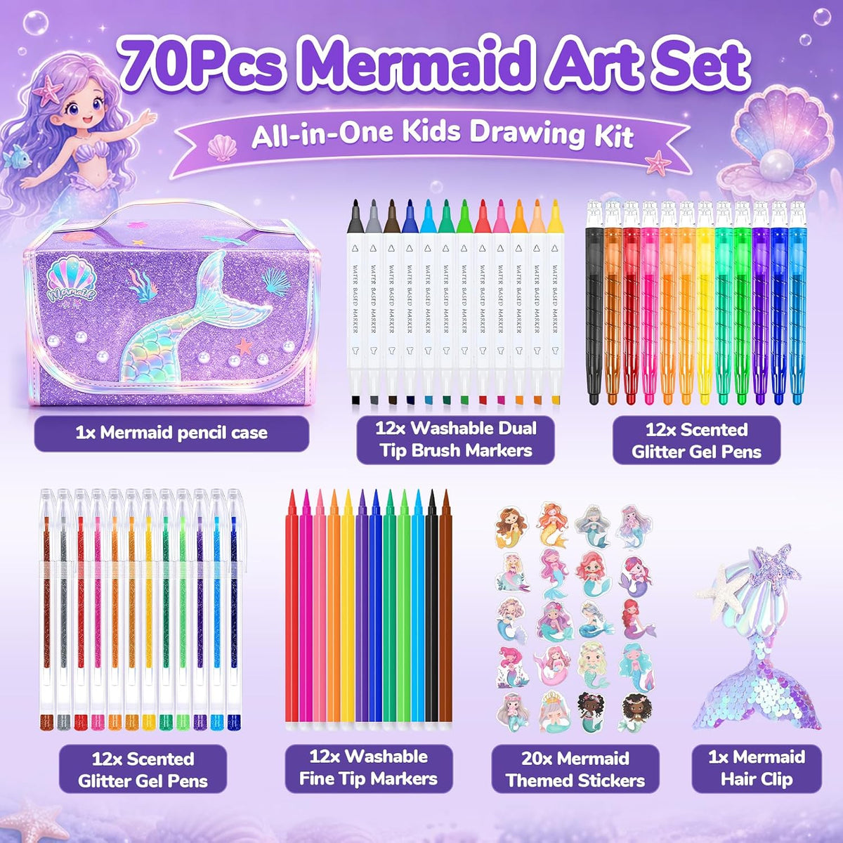 DreamyCandy 70 Pcs Washable Markers Set for Kids 4-8 - Purple Mermaid - image 2