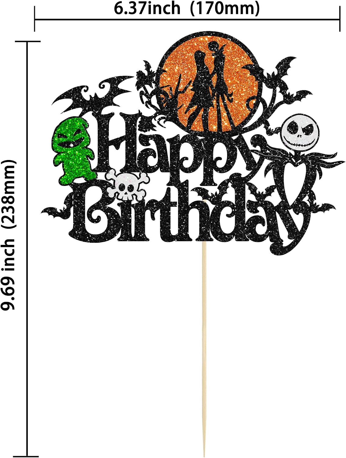 Gyufise black glitter Halloween happy birthday cake topper with half moon, house, pumpkin, ghost and - view 26