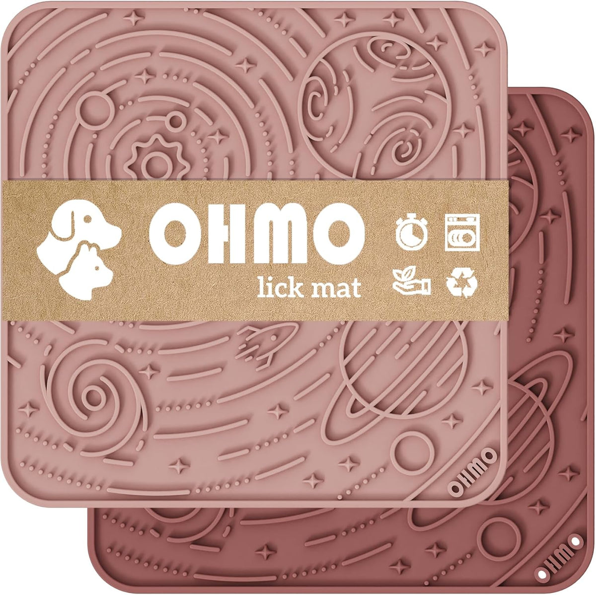 OHMO Lick Mat for Dogs&Cats, Space Pattern, Camo&Sage Green - Mars&Coral / 7.9"L x 7.9"W