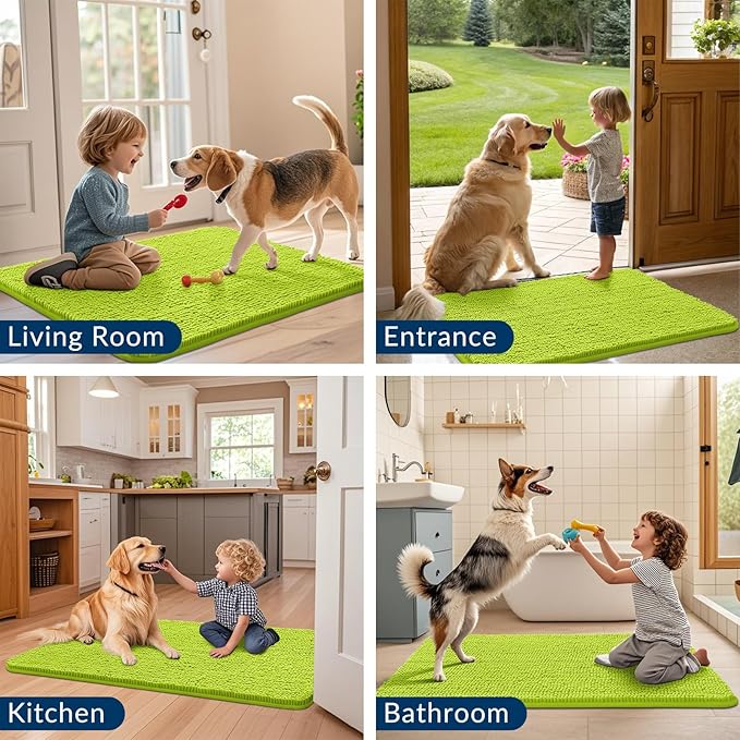 Smiry Dog Door Mat for Muddy Paws 36x24, Absorbs Moisture and Dirt Doormat, Non-Slip Washable Quick Dry Chenille Front Door Mat Indoor Entrance, Entryway Carpet for Inside Floor, Bright Green