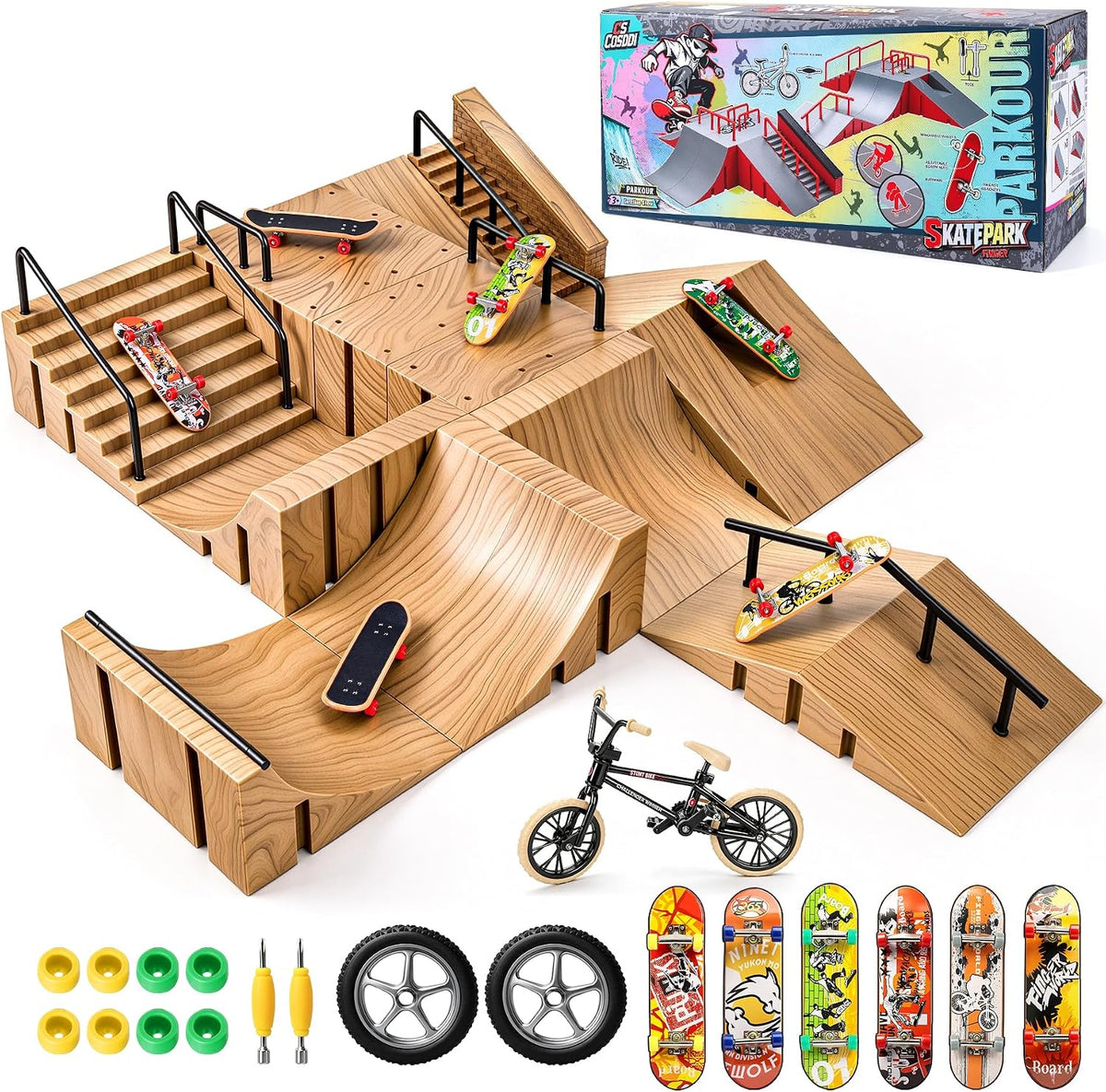 CS COSDDI 14in1 Finger Skateboard Park Set for Kids 8 Skateboards - Light Brown
