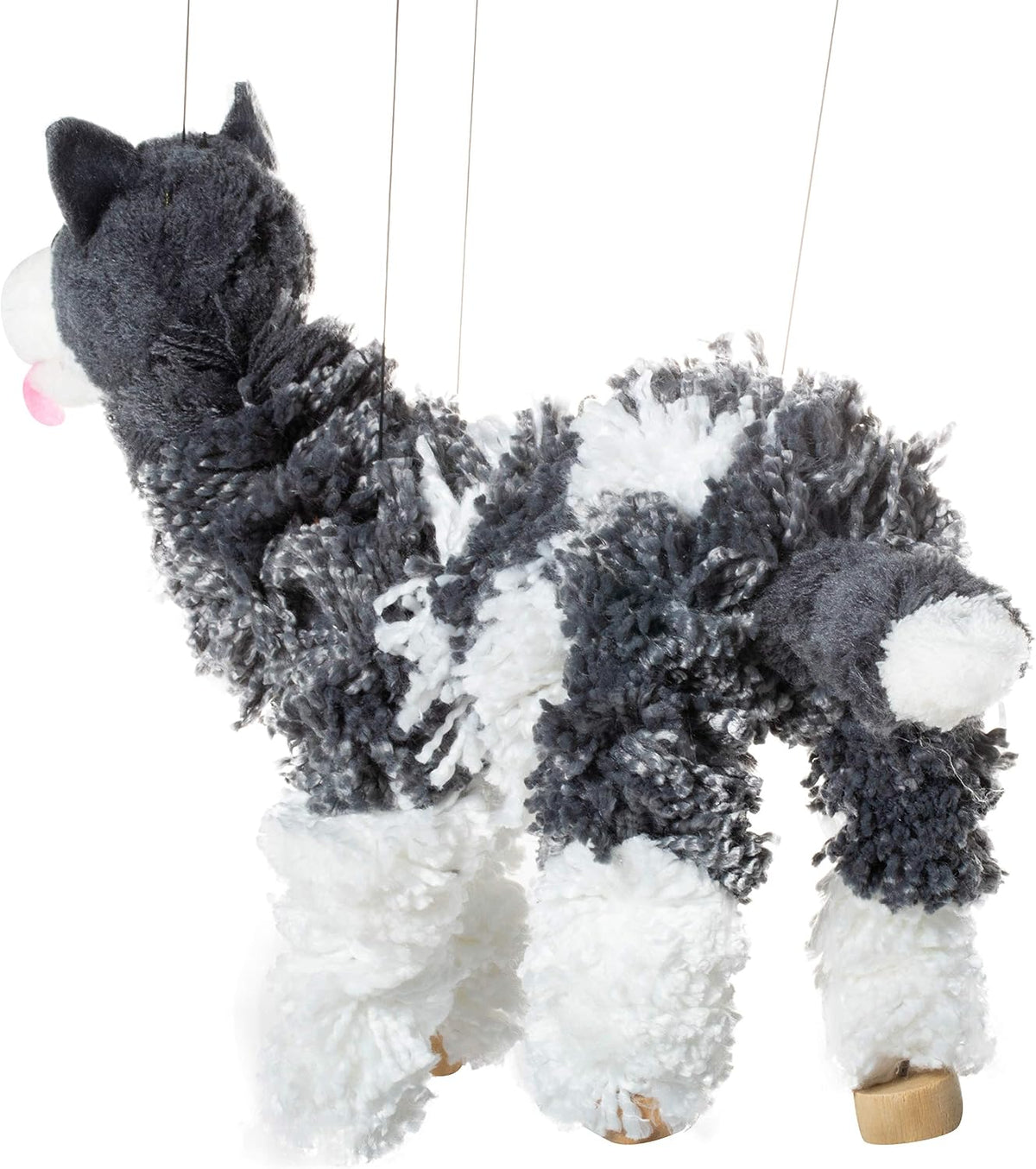 Artisan Owl black Siberian husky marionette puppet with yarn body and wooden feet - view 3