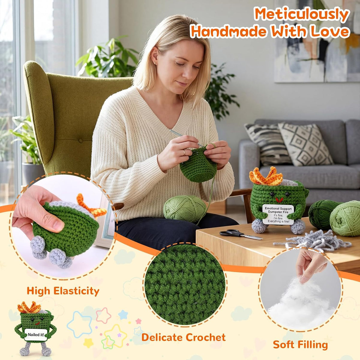 Megele 7-pack crochet dumpster fire desk figures in different colors with positive cards - view 6