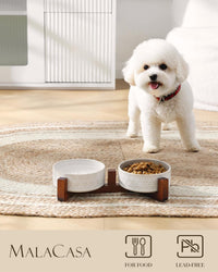 MALACASA Dog Bowl Set, Ceramic Bowls with Walnut Wood Stand - Five-leaf Grass+Honeycomb / 2 Cups - image 3