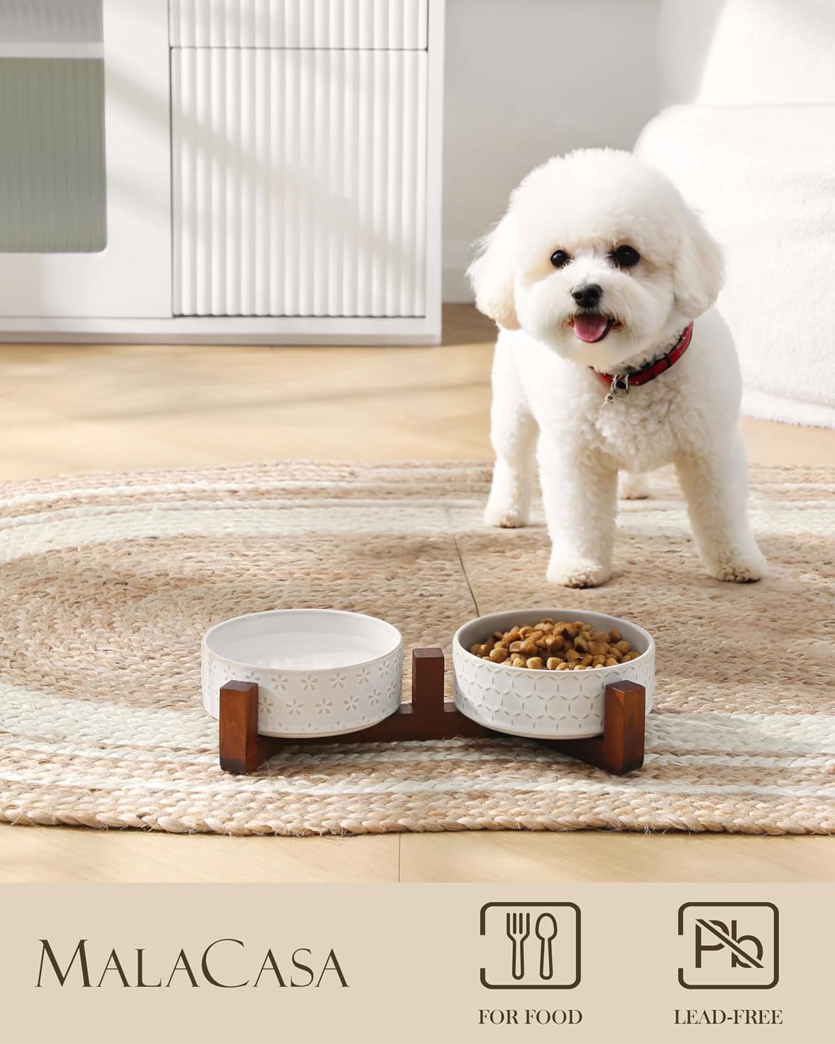 MALACASA Dog Bowl Set, Ceramic Bowls with Walnut Wood Stand - Five-leaf Grass+Honeycomb / 2 Cups - image 3