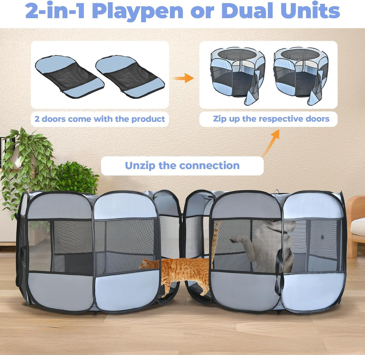 2-in-1 XLarge Cat Playpen - Grey / Round / M, 71"L x 34"W x 24.1"H - image 2