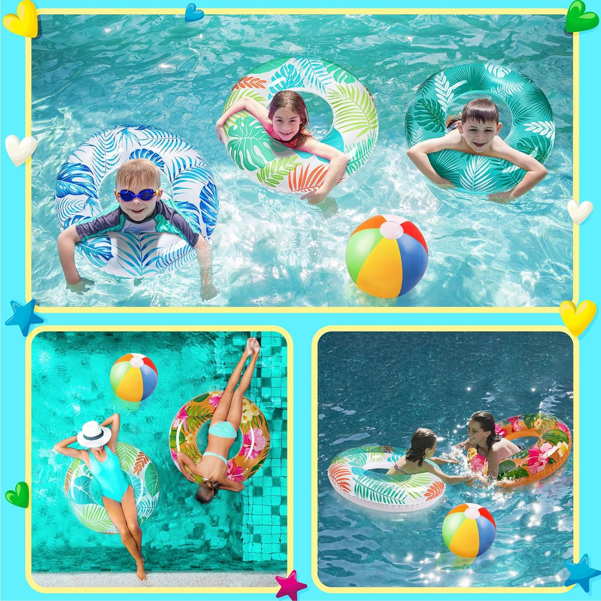 90shine luau pool floats set with 4 tropical swim rings and 3 beach balls - view 3