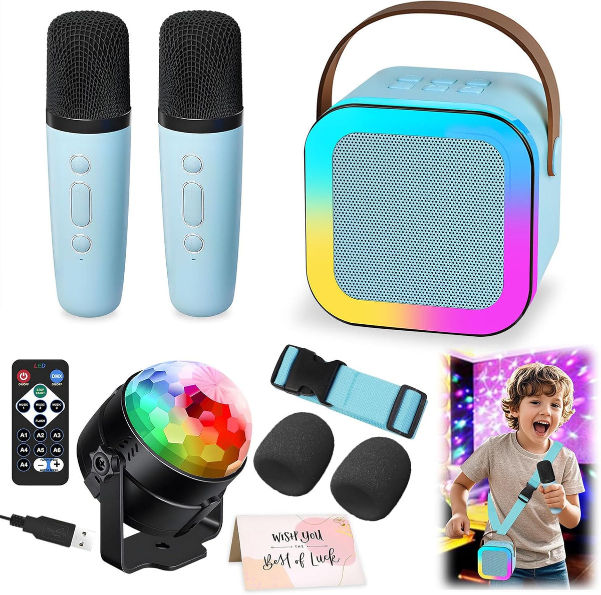 Karaoke Machine for Kids, Portable Bluetooth Speaker with 2 Wireless Microphones, 1 Disco Ball - blue