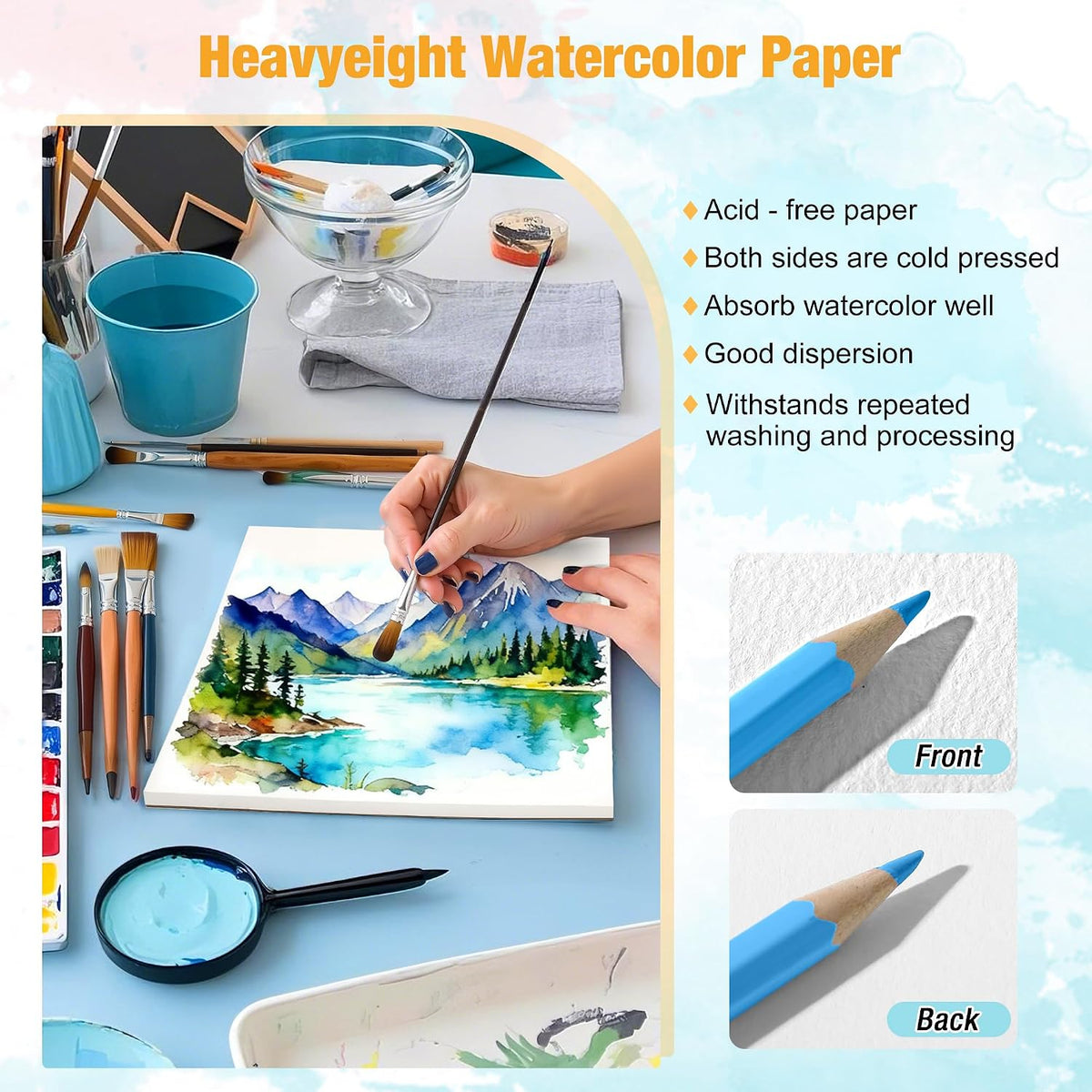 Watercolor Paper Pad, 5.5"x8.5”, Spiral, Bound with Tear - Blue / 8" x 10" Glue Bound - image 3