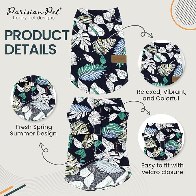 Parisian Pet Palm Leaves Dog Shirt - 100%Cotton Dog Summer Clothes - Stylish Dog Beach Oufit - Hook and Loop Closure Dog Costume - Machine Washable Dog Shirts for Small Dogs - L
