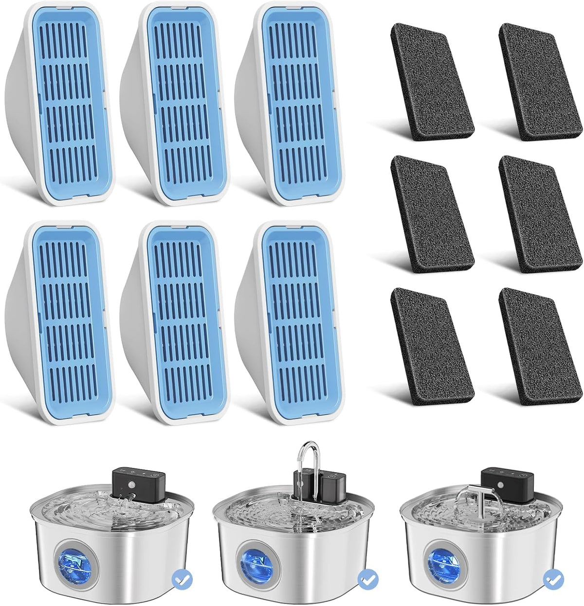Voluas Replacement Cat Water Fountain Filters - 6 Filters+6 Sponges