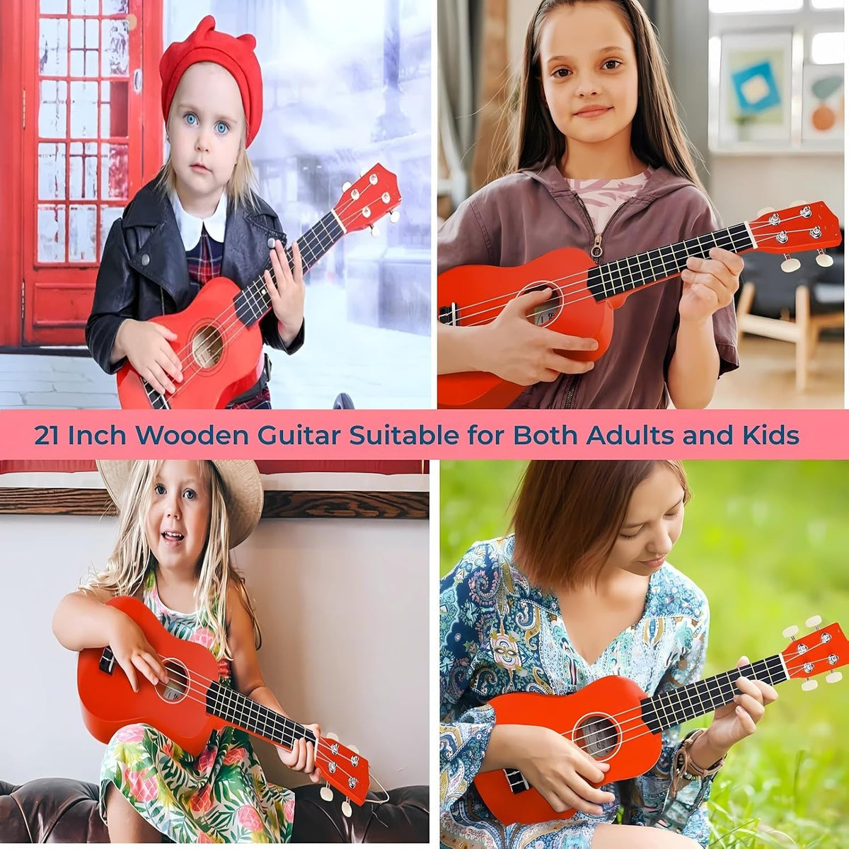 Jakeloo 21 inch pink wooden acoustic guitar with 4 strings for beginners - view 20