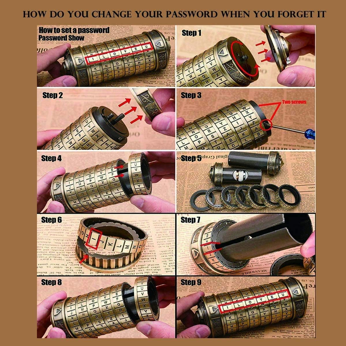 Cryptex Da Vinci Code Mini Cryptex Lock Puzzle Boxes with Hidden - Brass - image 3