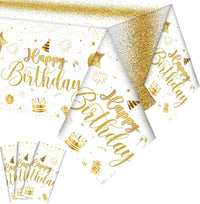 Tudomro 3 Pcs Plastic Happy Birthday Party Tablecloths - White Gold / 3