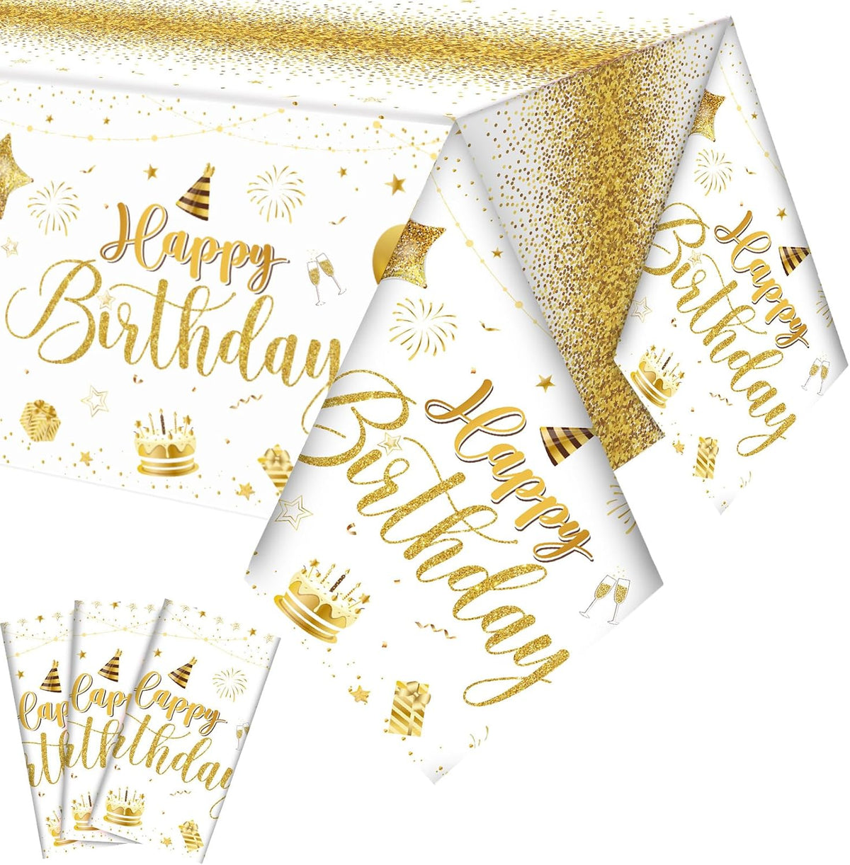 Tudomro 3 Pcs Plastic Happy Birthday Party Tablecloths - White Gold / 3