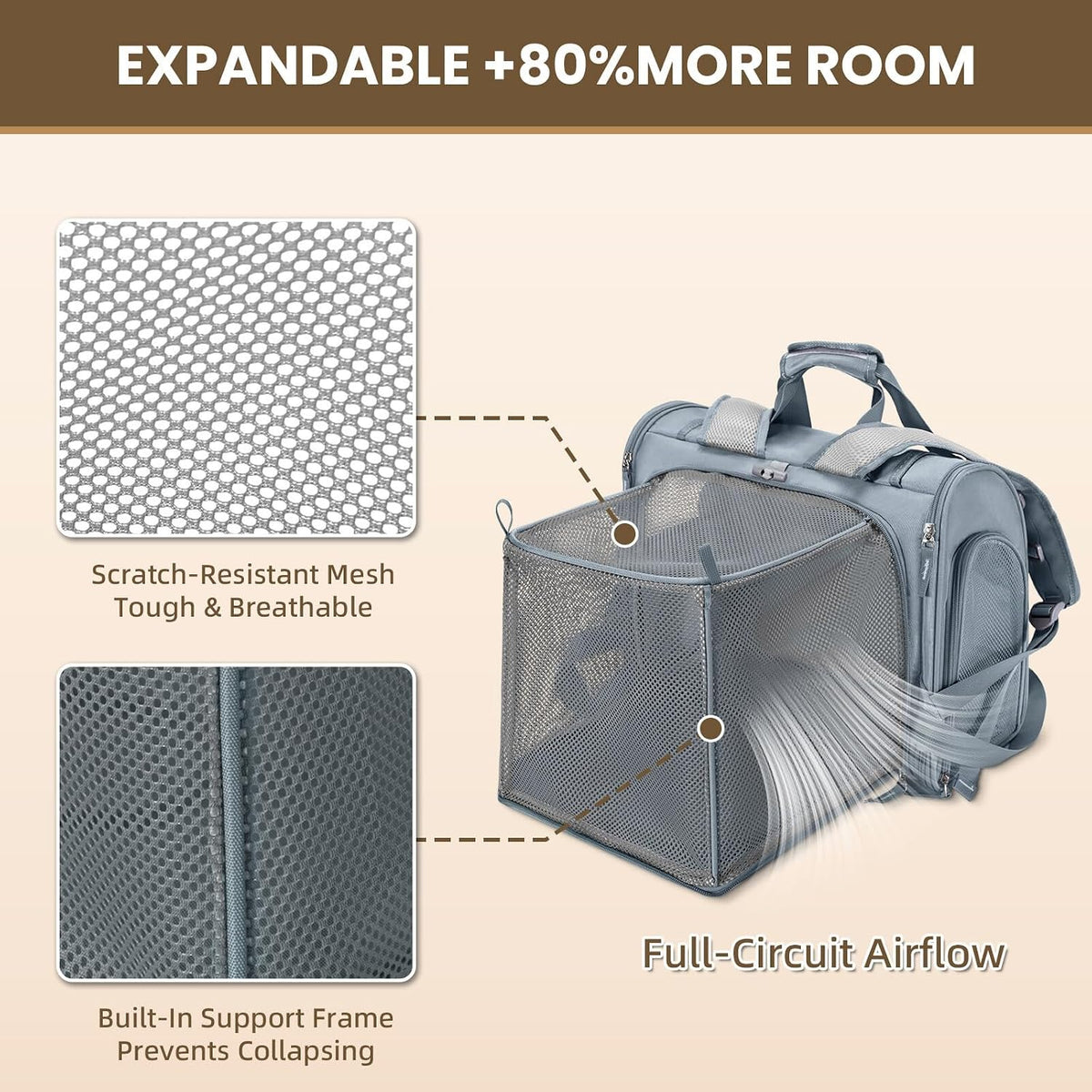 Expandable Large Cat Carrier Backpack, Supports up to – Essentials for Dogs - 16.5"L x 10.2"W x 15.8"H / Light Grey - image 3
