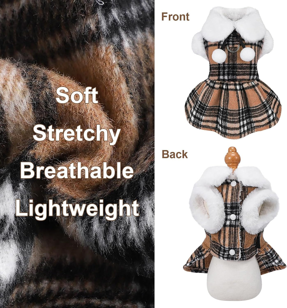 Dog Sweater with Leash Set D Ring Plaid Fleece Dog Clothes for Small - XX-Small (Chest 11in ) / Khaki with Leash - image 2