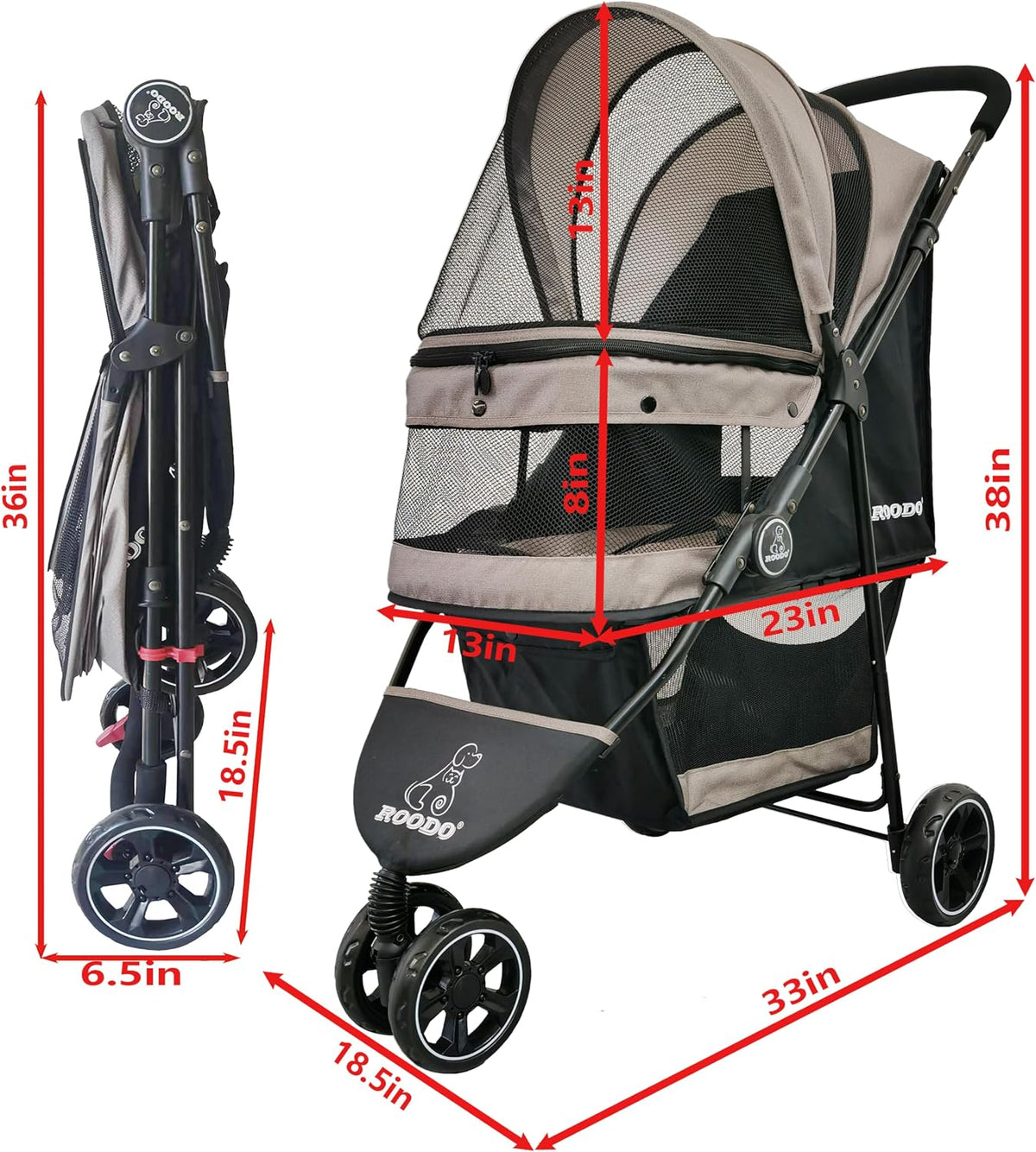 ROODO Escort 3 Wheel Dog Cat Pet Stroller for Small/Medium Dogs Cats - Grey / 33x37 Inch (Pack of 1) - image 3