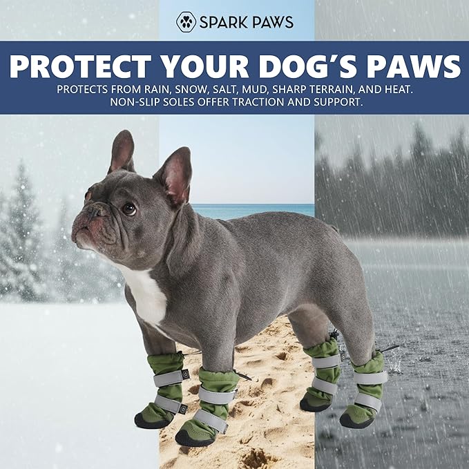 Spark Paws Dog Shoes, Waterproof Dog Boots for Medium to Large Dogs, Non Slip, Breathable Dog Booties and Paw Protectors - 4PCS Doggie Hiking Boots with Reflective Straps - Green, Size 1