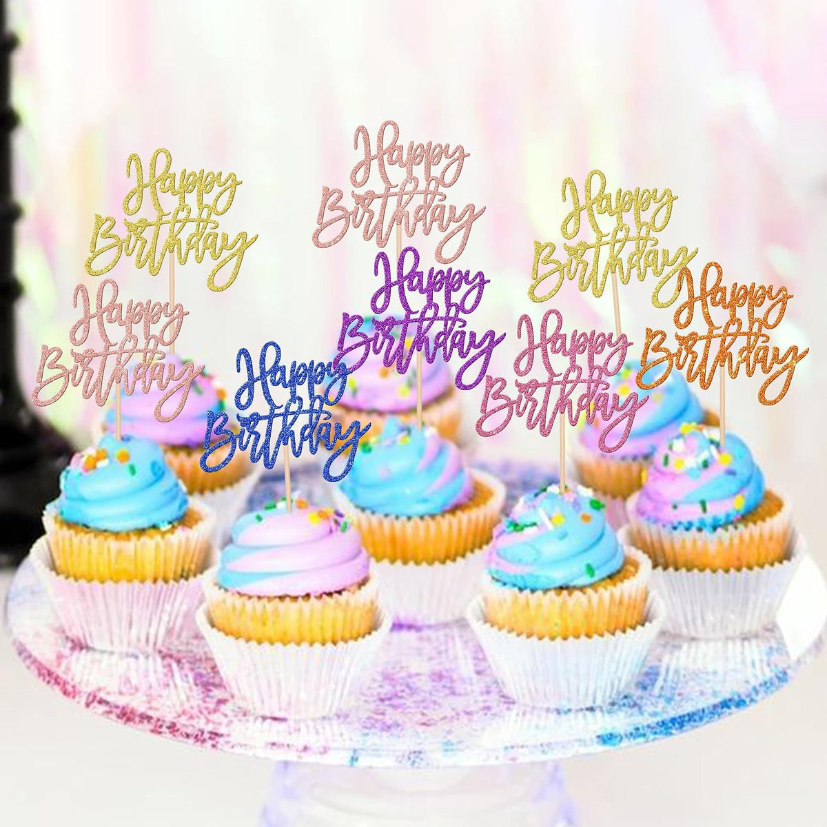 24 PCS Happy Birthday Cupcake Toppers Glitter Picks for Celebrating - Multi 6 Colors-2 - image 4
