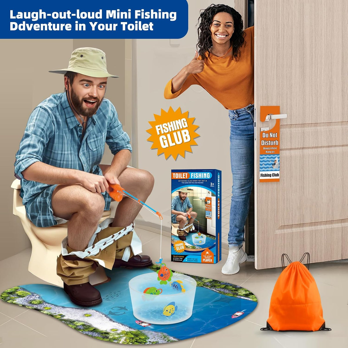 Kaelinda toilet fishing gag gift with fishing rod, four fish and Do Not Disturb sign - view 2