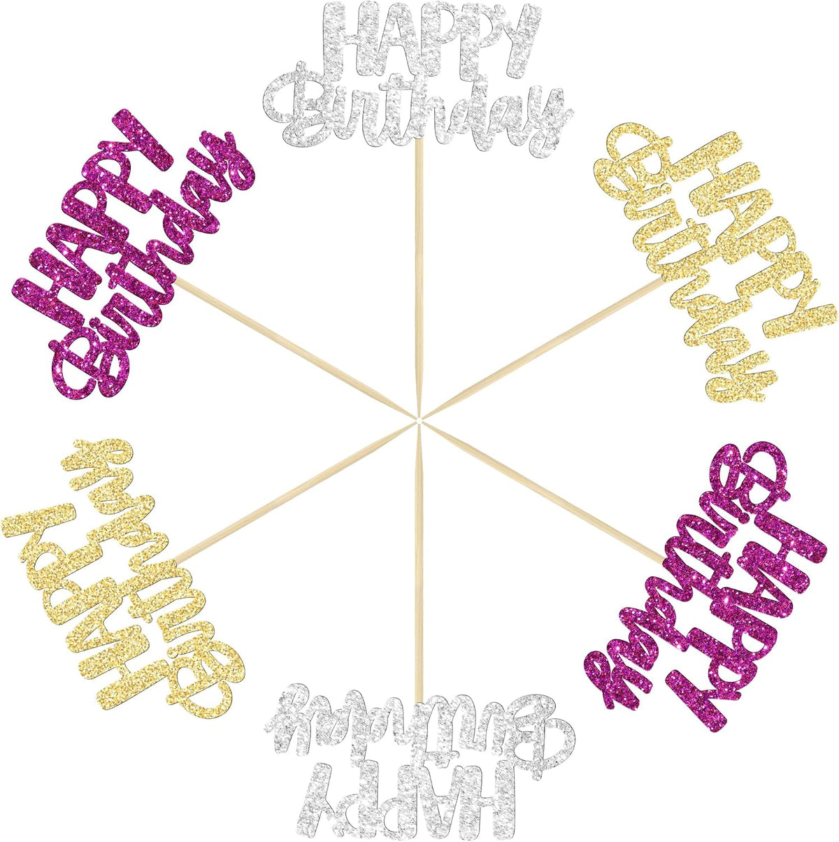 Gyufise 24Pcs Happy Birthday Cupcake Toppers Gold Glitter Celebrating - Purple Gold Silver - image 3