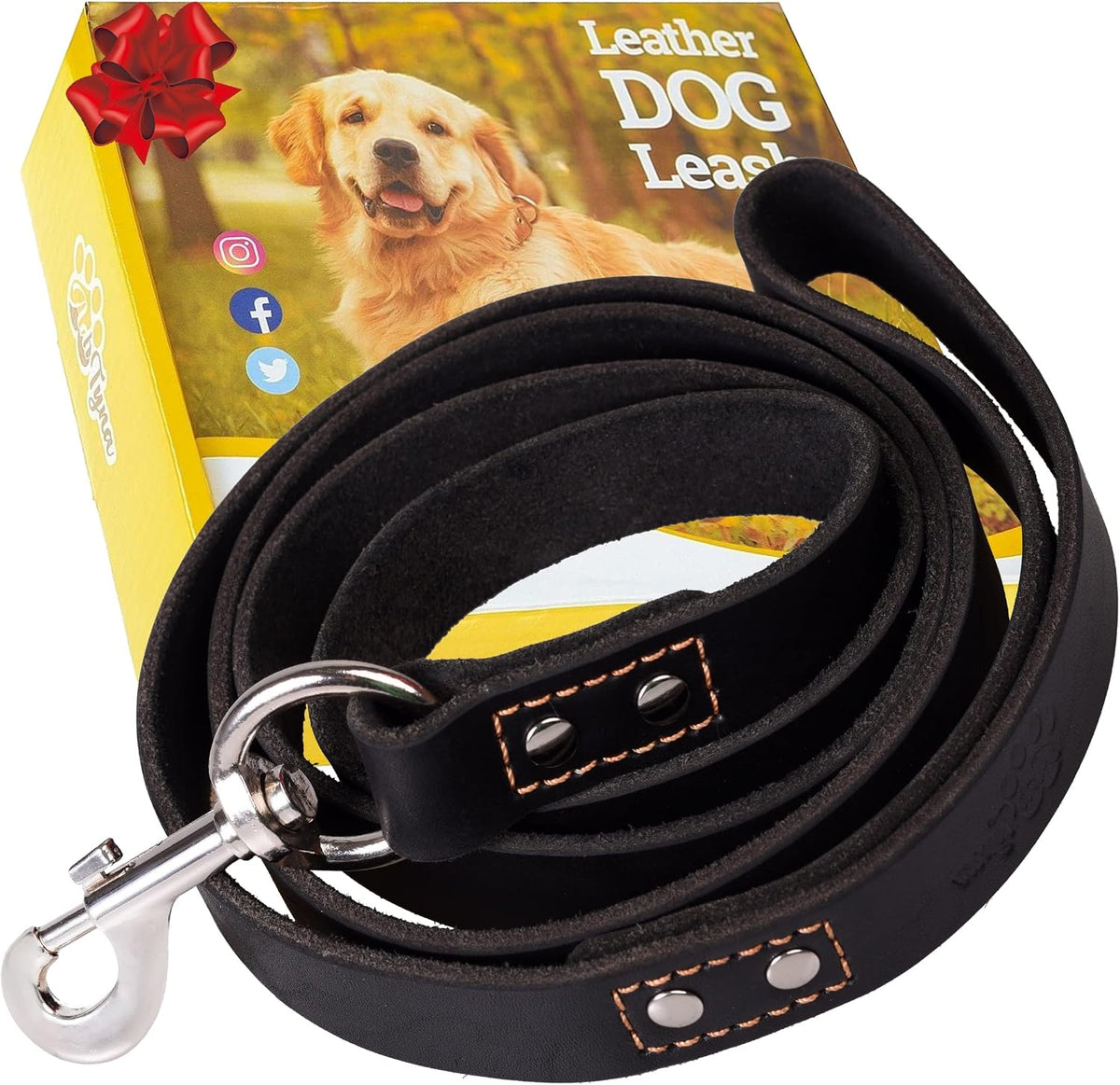 ADITYNA Leather Dog Leash for Large, and Small Dogs - XL - 6 ft x 1 inch / Black