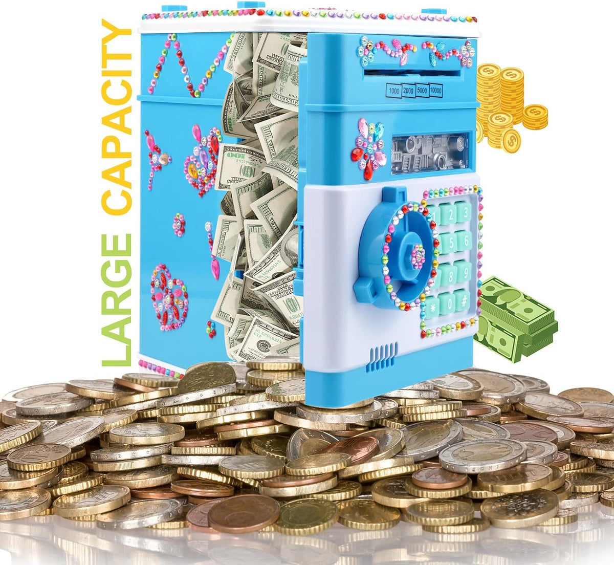 Piggy Bank for Kids Girls Boys with Password Code Lock Cash Coin Can - Blue - image 3