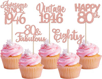 Rose gold glitter vintage 1946 cupcake toppers for an 80th birthday - view 10