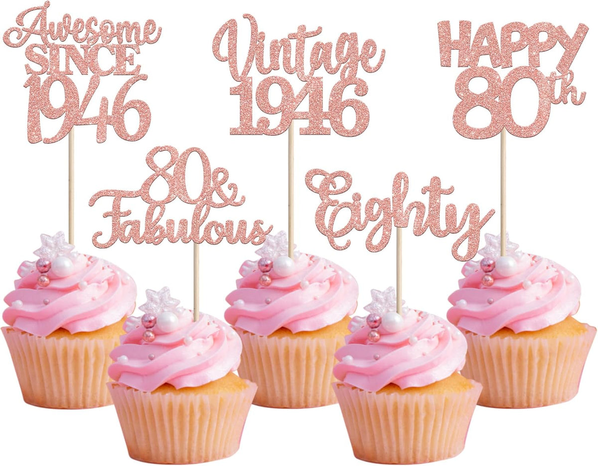 Rose gold glitter vintage 1946 cupcake toppers for an 80th birthday - view 10