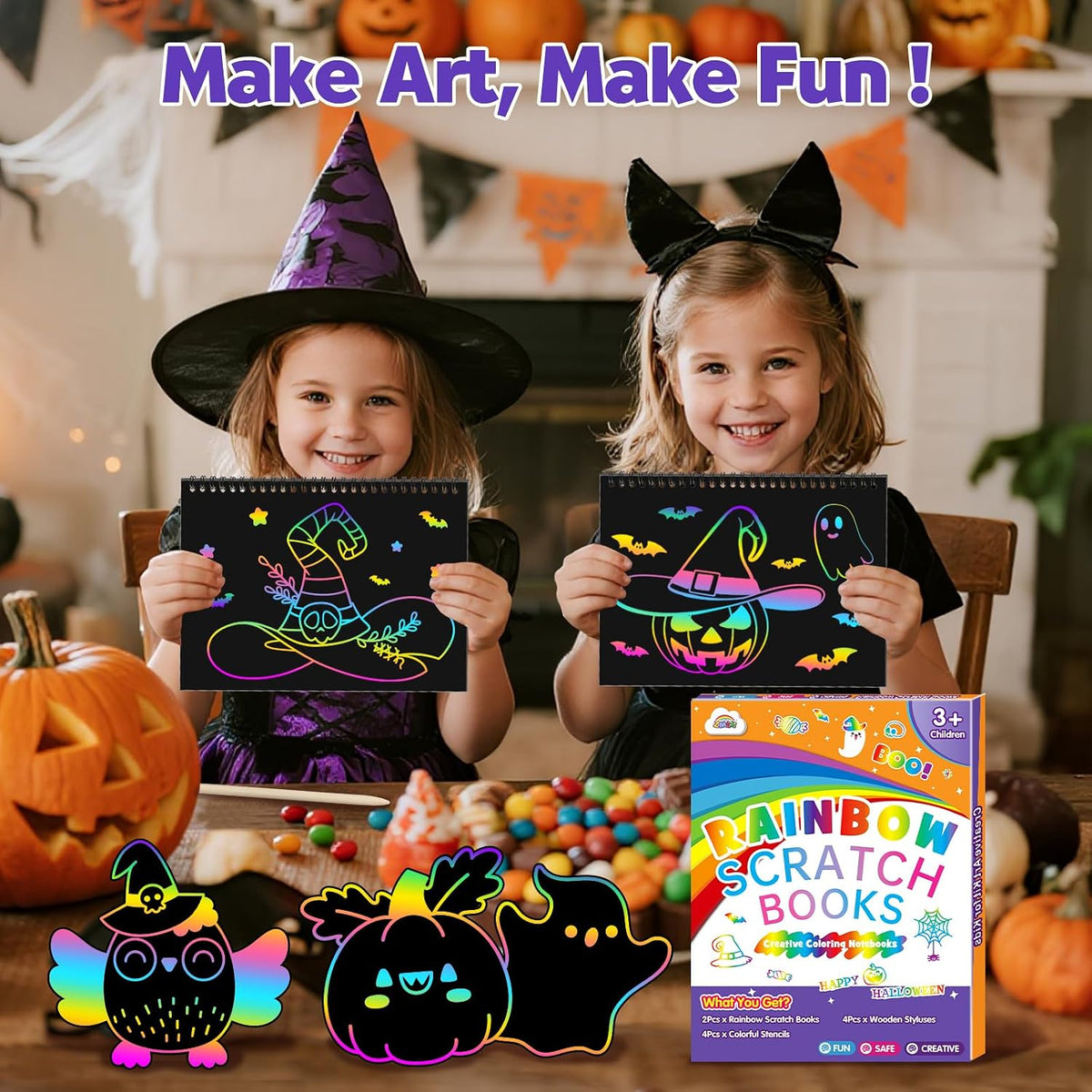 ZMLM Scratch Paper Art Craft: 2 Pack Rainbow Scratch Set for 3 4 5 6 - Halloween - image 2