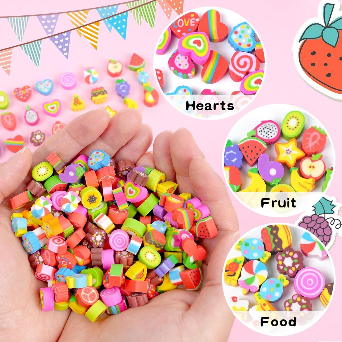 Wolpark mini erasers for kids shaped like cakes, donuts, ice cream, fruit and hearts - view 10