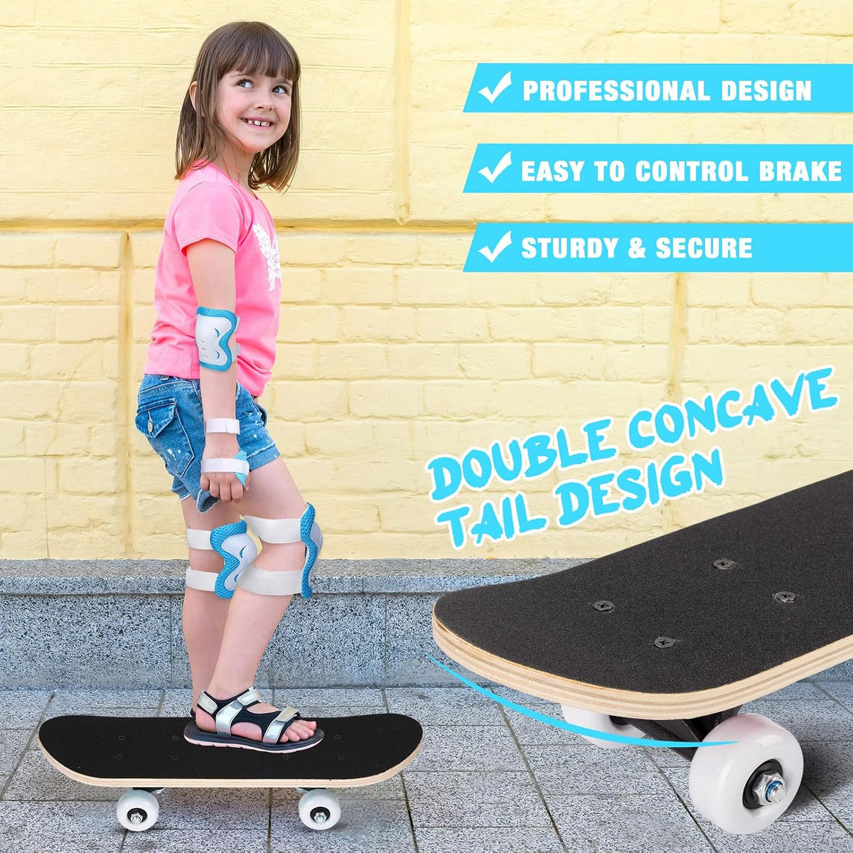 Honoson kids skateboard set with dinosaur print maple deck and black knee pads, elbow pads and wrist - view 30