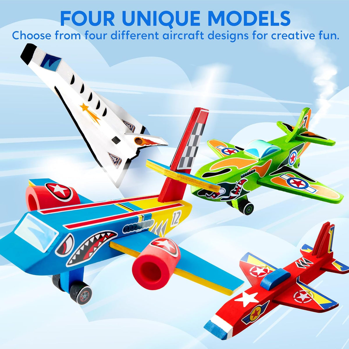 Klever Kits wooden airplane craft kit with space shuttle, jet, passenger plane and military aircraft - view 4