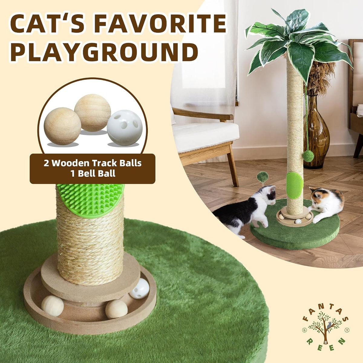 Cat Scratching Post 35'' Tall with Toy Mouse for Indoor Cats - Palm Green-33 Inches - image 4