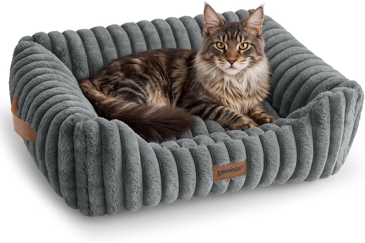 ZOMISIA orthopedic cat bed in faux rabbit fur with raised sides, 25x21 inch