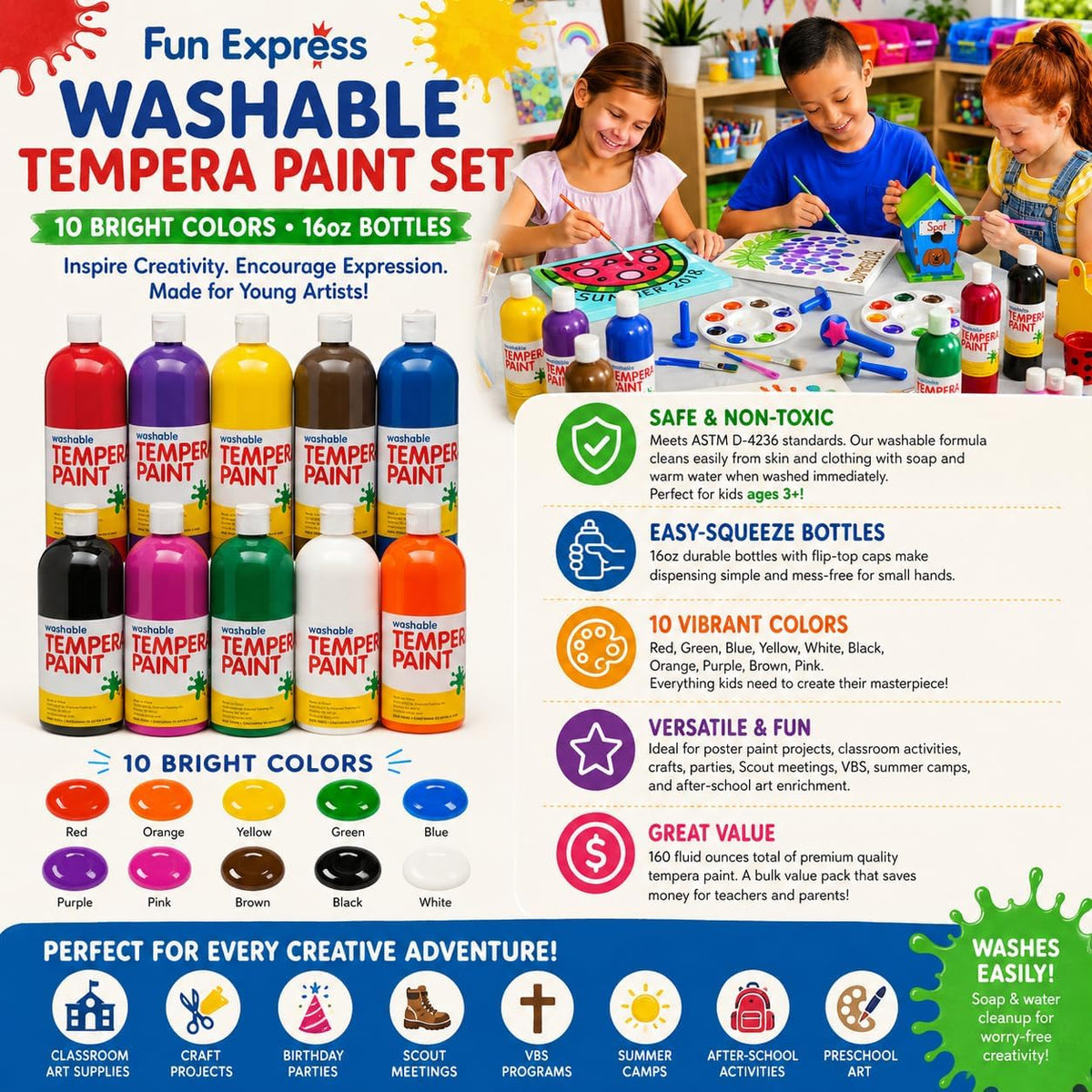 Fun Express Washable Tempera Paint Set 10 Colors – Fun for Kids & Family - image 2