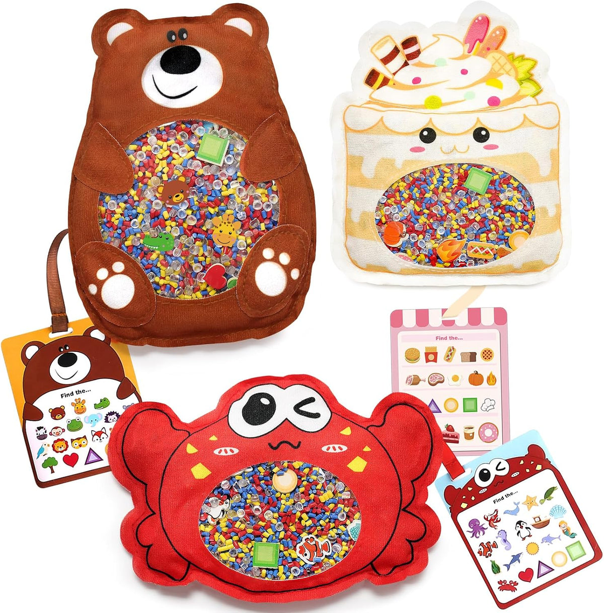 Joyreal seek and find busy bags shaped like a bear, ice cream and crab