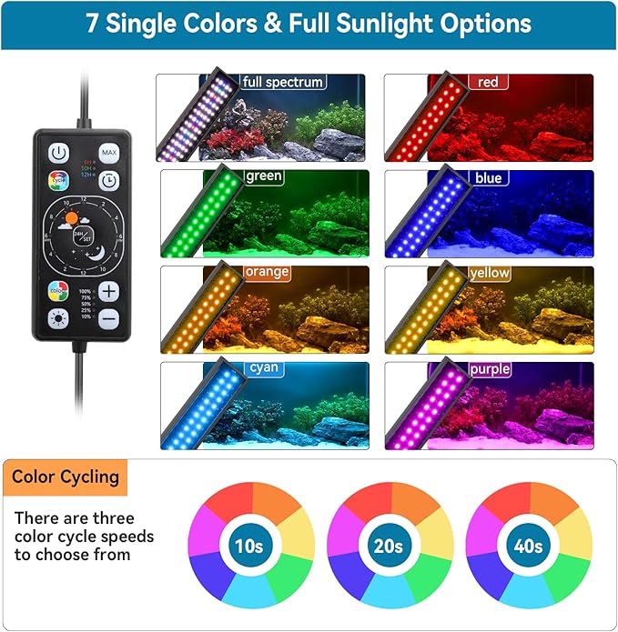 hygger Aquarium LED Light Fish Tank Full Spectrum Lighting with 24/7 Day-Night Cycle Mode & Auto On/Off Timer, 7 Color Options, Dimmable, Extendable Bracket for 48~54in Tank Plant Lights