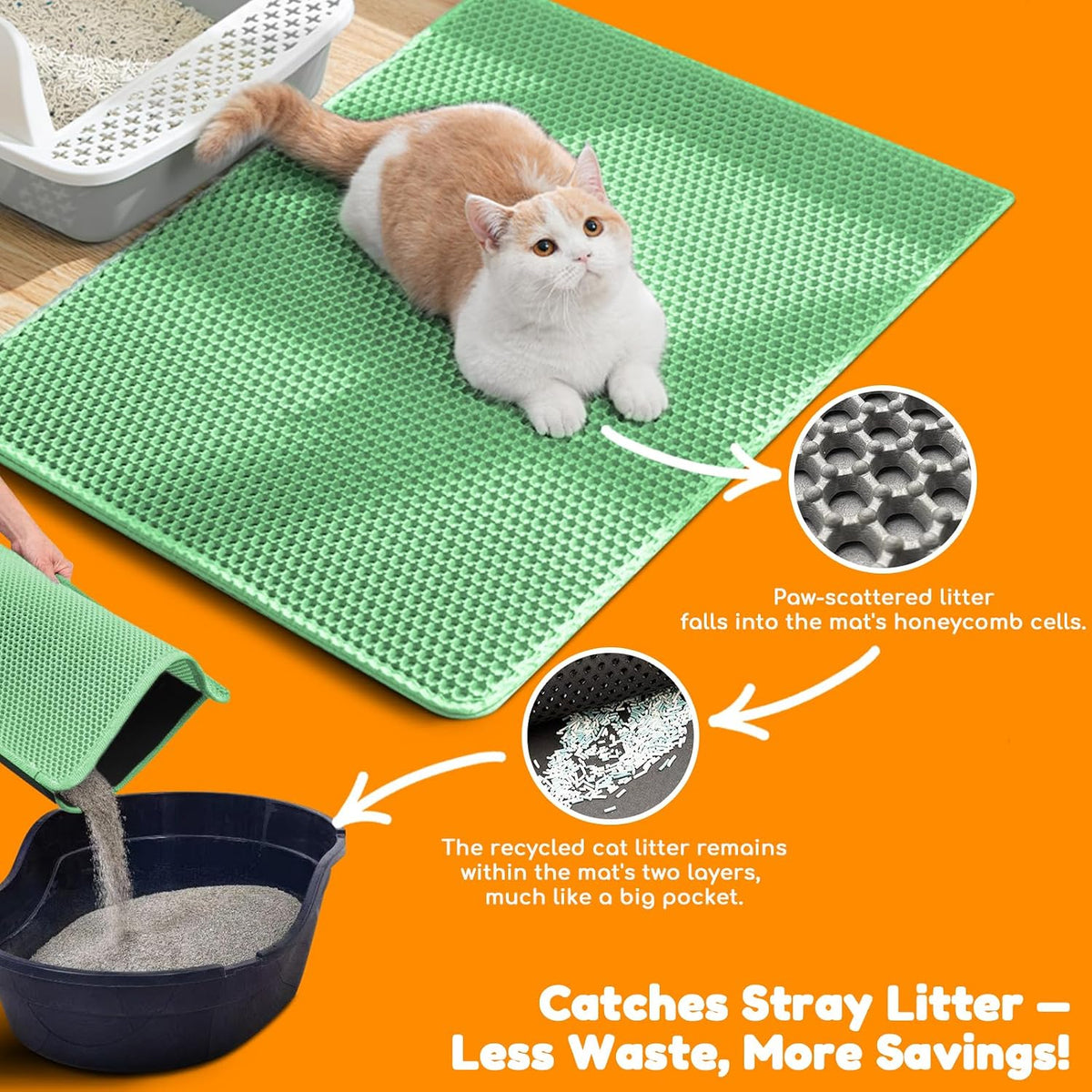 Cat Litter Mat 24"x16", Double Layer EVA litterbox Mat Beige - Green / Honeycomb-35 x 24 Inches - image 3