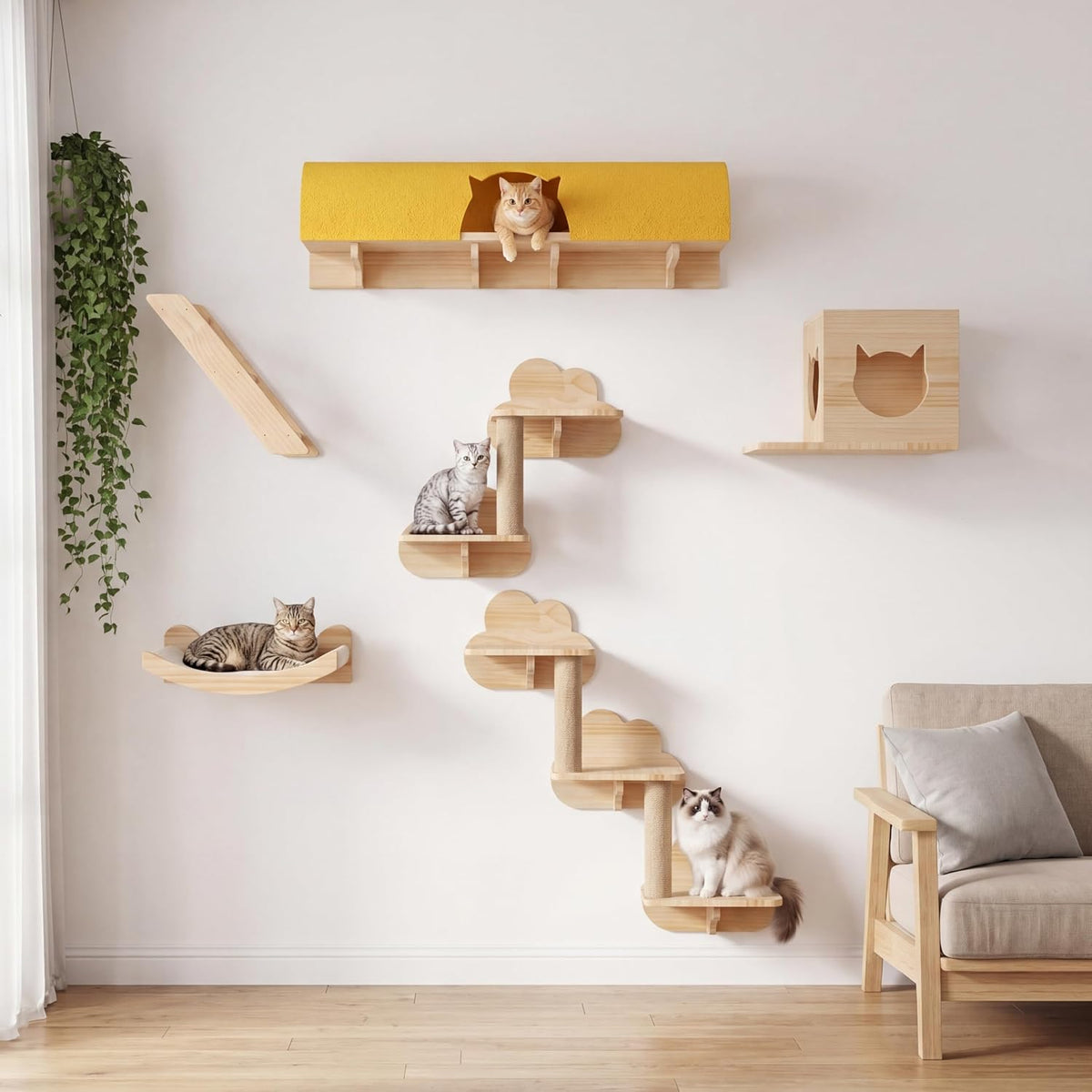 Cat Wall Shelves, 9-in-1 Wood Cat Wall Furniture Set, Burlywood – Essentials for Cats - Burlywood / 12-in-1