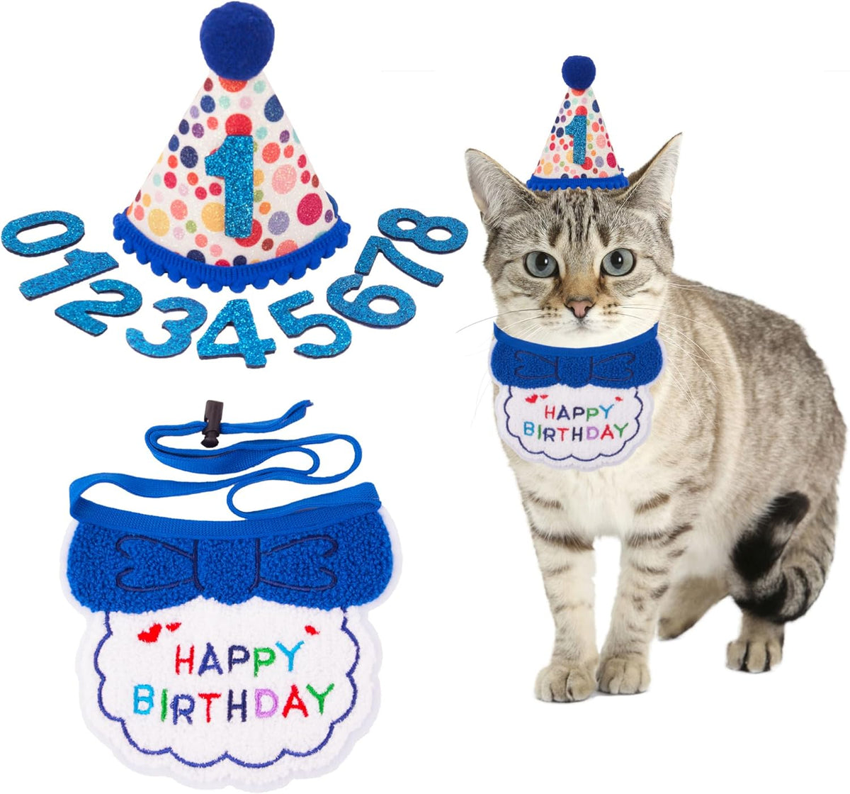 Cat Birthday Hat Bandana Set, Pink Girl Kitten Birthday Outfit – Essentials for Cats - Blue